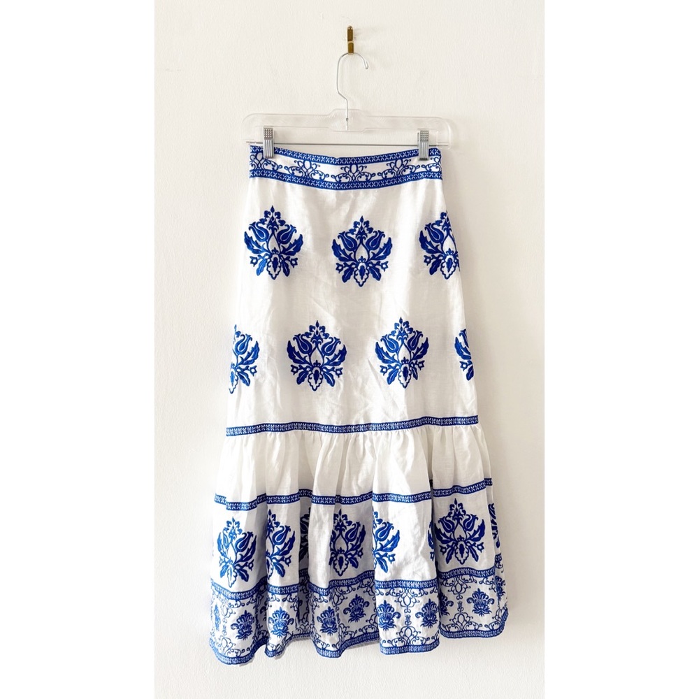 NEW Zara Linen White & Blue Embroidered Floral Tiered Long Skirt Size XS - Picture 2 of 11